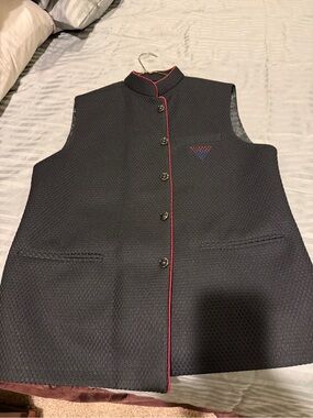 Avenue Dark Navy Nehru Jacket with Red Piping